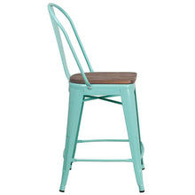 Load image into Gallery viewer, 24" High Mint Green Metal Counter Height Stool with Back and Wood Seat