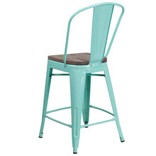 Load image into Gallery viewer, 24" High Mint Green Metal Counter Height Stool with Back and Wood Seat