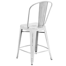 Load image into Gallery viewer, 24" High Distressed White Metal Indoor-Outdoor Counter Height Stool with Back