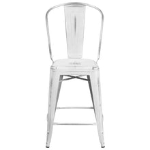 Load image into Gallery viewer, 24" High Distressed White Metal Indoor-Outdoor Counter Height Stool with Back