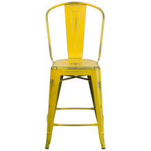 Load image into Gallery viewer, 24" High Distressed Yellow Metal Indoor-Outdoor Counter Height Stool with Back