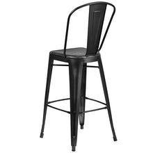 Load image into Gallery viewer, 30" High Distressed Black Metal Indoor-Outdoor Barstool with Back