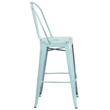 Load image into Gallery viewer, 30" High Distressed Green-Blue Metal Indoor-Outdoor Barstool with Back
