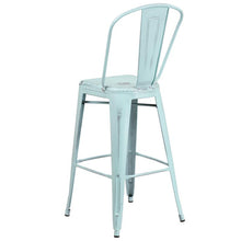 Load image into Gallery viewer, 30" High Distressed Green-Blue Metal Indoor-Outdoor Barstool with Back