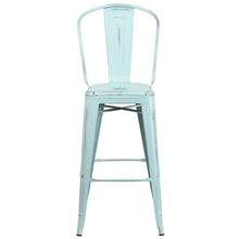 Load image into Gallery viewer, 30" High Distressed Green-Blue Metal Indoor-Outdoor Barstool with Back