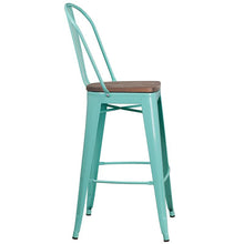 Load image into Gallery viewer, 30" High Mint Green Metal Barstool with Back and Wood Seat