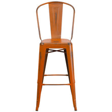 Load image into Gallery viewer, 30" High Distressed Orange Metal Indoor-Outdoor Barstool with Back