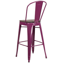 Load image into Gallery viewer, 30" High Purple Metal Barstool with Back and Wood Seat