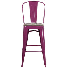 Load image into Gallery viewer, 30" High Purple Metal Barstool with Back and Wood Seat