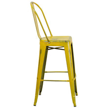 Load image into Gallery viewer, 30" High Distressed Yellow Metal Indoor-Outdoor Barstool with Back