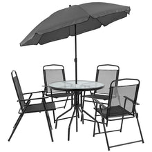Load image into Gallery viewer, 6 Piece Black Patio Garden Set with Umbrella Table and Set of 4 Folding Chairs
