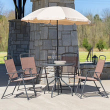 Load image into Gallery viewer, 6 Piece Brown Patio Garden Set with Umbrella Table and Set of 4 Folding Chairs