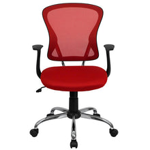 Load image into Gallery viewer, Mid-Back Red Mesh Swivel Task Office Chair with Chrome Base and Arms