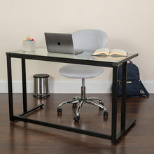 Load image into Gallery viewer, Glass Desk with Black Pedestal Metal Frame
