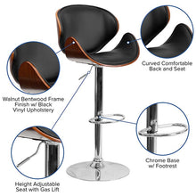 Load image into Gallery viewer, Walnut Bentwood Adjustable Height Barstool with Curved Back and Black Vinyl Seat