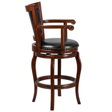 Load image into Gallery viewer, 30'' High Cherry Wood Barstool with Arms, Panel Back and Black Swivel Seat