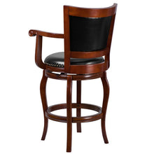 Load image into Gallery viewer, 30'' High Cherry Wood Barstool with Arms, Panel Back and Black Swivel Seat