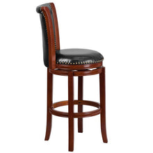 Load image into Gallery viewer, 30'' High Dark Chestnut Wood Barstool with Panel Back and Black Swivel Seat