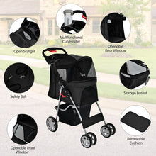 Load image into Gallery viewer, Foldable 4-Wheel Pet Stroller with Storage Basket-Black