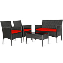 Load image into Gallery viewer, 4 Pcs Patio Rattan Cushioned Sofa Furniture Set with Tempered Glass Coffee Table-Red