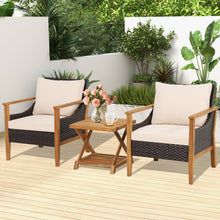 Load image into Gallery viewer, 3 Pieces Patio Wicker Furniture Set with 2-Tier Side Table and Cushioned Armchairs-Natural