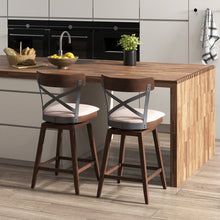Load image into Gallery viewer, Set of 2 Wooden Swivel Bar Stools with Cushioned Seat and Open X Back-25 Inch