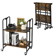 Load image into Gallery viewer, 2-Tier Folding Rolling Cart with Metal Frame-Rustic Brown