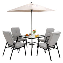 Load image into Gallery viewer, 6 Pieces Patio Dining Set with Umbrella and Stackable Cushioned Chairs