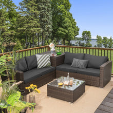 Load image into Gallery viewer, 4 Pieces Patio Rattan Cushioned Furniture Set with Armrest and Storage Box-Brown