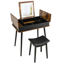 Load image into Gallery viewer, Vanity Table Set with Flip Top Mirror Lights USB Writing Desk and Stool-Brown