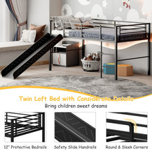 Load image into Gallery viewer, Twin Metal Loft Bed with Slide with Safety Guardrails and Built-in Ladder-Black