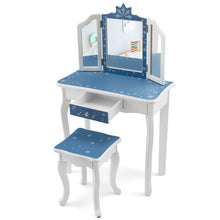 Load image into Gallery viewer, Princess Vanity Table and Chair Set with Tri-Folding Mirror and Snowflake Print-Blue
