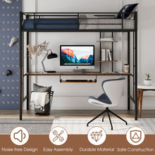 Load image into Gallery viewer, Twin Size Metal Loft Bunk Bed with Desk Shelf and Full Length Guardrail-Black