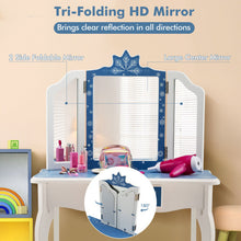 Load image into Gallery viewer, Princess Vanity Table and Chair Set with Tri-Folding Mirror and Snowflake Print-Blue