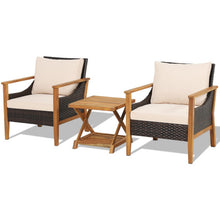Load image into Gallery viewer, 3 Pieces Patio Wicker Furniture Set with 2-Tier Side Table and Cushioned Armchairs-Natural