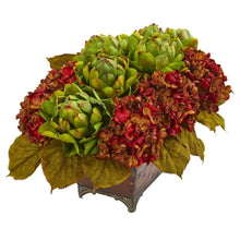 Load image into Gallery viewer, Hydrangea & Artichokes Artificial Arrangement in Metal Planter