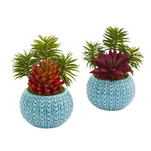 Load image into Gallery viewer, Succulent Artificial Plant in Blue Vase (Set of 2)