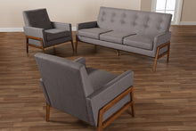 Load image into Gallery viewer, Baxton Studio Perris Mid-Century Modern Light Grey Fabric Upholstered Walnut Finished Wood 3-Piece Living Room Set