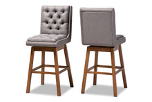 Load image into Gallery viewer, Baxton Studio Gregory Modern Transitional Grey Fabric Upholstered and Walnut Brown Finished Wood 2-Piece Swivel Bar Stool Set Set