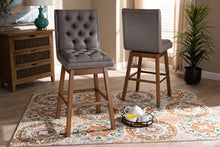 Load image into Gallery viewer, Baxton Studio Gregory Modern Transitional Grey Fabric Upholstered and Walnut Brown Finished Wood 2-Piece Swivel Bar Stool Set Set