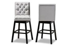 Load image into Gallery viewer, Baxton Studio Gregory Modern Transitional Light Grey Velvet Fabric Upholstered and Dark Brown Finished Wood 2-Piece Swivel Bar Stool Set Set
