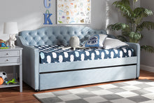 Load image into Gallery viewer, Baxton Studio Freda Traditional and Transitional Light Blue Velvet Fabric Upholstered and Button Tufted Twin Size Daybed with Trundle