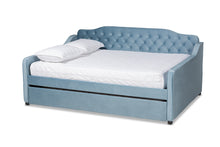 Load image into Gallery viewer, Baxton Studio Freda Transitional and Contemporary Light Blue Velvet Fabric Upholstered and Button Tufted Full Size Daybed with Trundle