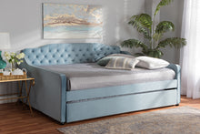 Load image into Gallery viewer, Baxton Studio Freda Transitional and Contemporary Light Blue Velvet Fabric Upholstered and Button Tufted Full Size Daybed with Trundle