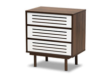 Load image into Gallery viewer, Baxton Studio Meike Mid-Century Modern Two-Tone Walnut Brown and White Finished Wood 3-Drawer Nightstand