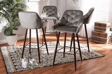 Load image into Gallery viewer, Baxton Studio Catherine Modern and Contemporary Grey Velvet Fabric Upholstered and Walnut Finished 4-Piece Bar Stool Set