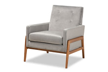 Load image into Gallery viewer, Baxton Studio Perris Mid-Century Modern Grey Velvet Fabric Upholstered and Walnut Brown Finished Wood Lounge Chair