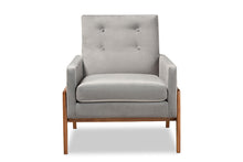 Load image into Gallery viewer, Baxton Studio Perris Mid-Century Modern Grey Velvet Fabric Upholstered and Walnut Brown Finished Wood Lounge Chair