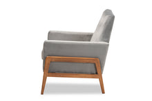 Load image into Gallery viewer, Baxton Studio Perris Mid-Century Modern Grey Velvet Fabric Upholstered and Walnut Brown Finished Wood Lounge Chair