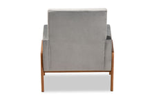 Load image into Gallery viewer, Baxton Studio Perris Mid-Century Modern Grey Velvet Fabric Upholstered and Walnut Brown Finished Wood Lounge Chair